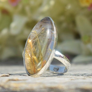 Anillo de cuarzo rutilado, anillo de plata, forma de marquesa, piedra preciosa de color dorado, anillo de plata 925, plata de ley, regalo para ella, regalo de cumpleaños