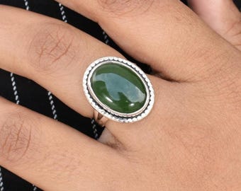 Statement Green Nephrite Jade Ring, Green Jade Silver Jewelry, Sterling Silver Womens Jewelry, Oval Stone Ring, Split Band Ring, Girls Ring