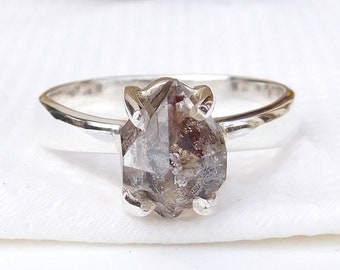 Herkimer Diamond Ring, Natural Diamond Ring, Black Diamond Ring, 925 Sterling Silver, Hermiker Dimaond Stone, Rough Herkimer Diamond Ring