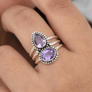 Bague améthyste, bague de fiançailles, argent sterling 925, poire, bague multi-pierres, pierre précieuse à facettes, bijoux de créateur, bague femme