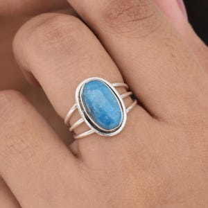 Handmade Apatite Ring, 925 Sterling Silver, Oval Shape, Blue Color Stone, Triple Band Ring, Bezel Set, Silver Ring, Can Be Personalized Gift