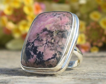 Simple Rhodonite Ring, 925 Sterling Silver, Cushion Gemstone Ring, Silver Gemstone Ring, Can Be Personalized, made For Her, Rings On Sale