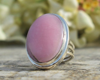 Simple Pink Opal Ring, 925 Sterling Silver, Oval Gemstone Ring, Pink Gemstone, Triple Band Ring, Satement Ring, Double Bezel Set, Pink Opal