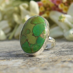 Green Copper Turquoise Ring, Oval Gemstone, Green Color Stone, Natural Gemstone, Silver Band Ring, Made For Her, Simple Handmade Ring, Gift