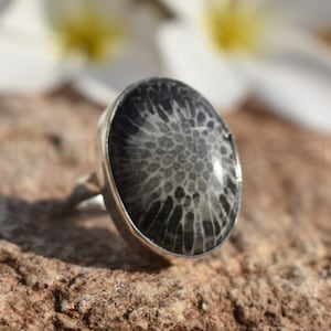 Black Fossil Coral Ring, Sterling Silver Ring, Coral Jewelry, Bezel Ring, Statement Ring, Black Stone, Gift Ring, Christmas Sale, Oval Ring