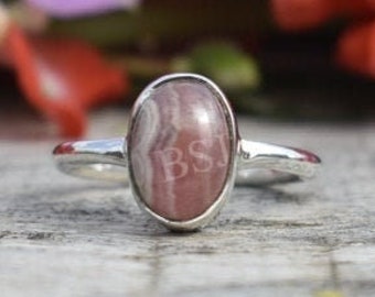 Rhodochrosite Ring, Oval Rhodochrosite, Sterling Silver Ring, Gemstone Ring, Handmade Jewelry, Wire Band, Simple Band Ring, Gift Rings, Sale