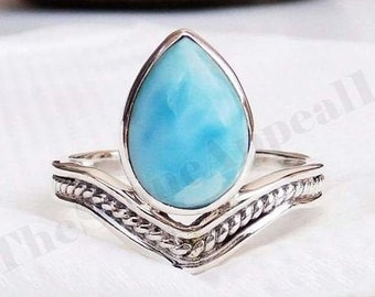 Natural Larimar Ring, 925 Sterling Silver Ring, Pear Gemstone, Designer Ring, Crown Ring, Women Ring, Affordable Jewelry, Wedding Gift, Sale