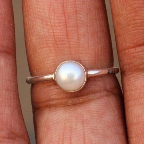 Bague en perle blanche naturelle, bague en argent sterling 925, bague en argent perle, bague en argent sterling perle, cadeau pour elle, bijoux en pierres précieuses perle