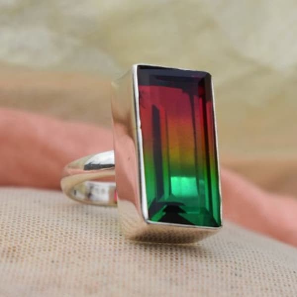 Watermelon Tourmaline Ring, 925 Sterling Silver, Rectangle Gemstone, Simple Jewelry, Can Be Personalized, Natural Gemstone, Made For Her