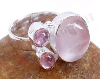 Rose Quartz Ring, 925 Sterling Silver, Multi Stone Ring, Silver Band Ring, Natural Gemstone, Statement Ring, Artisan Ring, Boho Ring, Sale