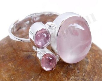 Bague en quartz rose, Argent sterling 925, Bague multi pierre, Bague à bande d’argent, Pierre précieuse naturelle, Bague de déclaration, Bague artisanale, Bague Boho, Vente