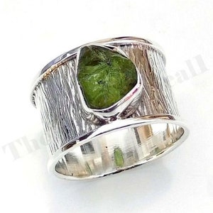 Natural Peridot Ring, Wide Band Ring, 925 Sterling Silver, Raw Stone Ring, Silver Band Ring, Handmade Ring, Artisan Ring, Gift Silver Ring