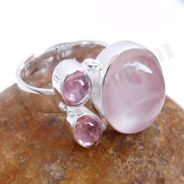Rose Quartz Ring, 925 Sterling Silver, Multi Stone Ring, Silver Band Ring, Natural Gemstone, Statement Ring, Artisan Ring, Boho Ring, Sale