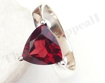 Red Garnet Ring 925 Sterling Silver Beautiful Gemstone Prong Set Ring Silver Band Ring Trillion Stone Party Wear Ring Women Ring