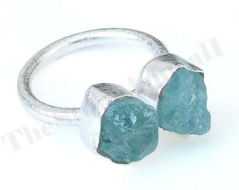 Aquamarine Ring, Dual Gemstone, Raw Stone Ring, Silver Band Ring, Statement Ring, Women Ring, Party Wear Ring, Boho Ring, Gift Silver Ring