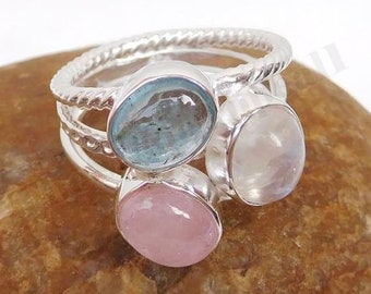 Multistone Ring, 925 Sterling Silver, Designer Ring, Rose Quartz, Blue Topaz, Rainbow Moonstone, Handmade Ring, Artisan Ring, Gift For Her