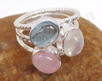 Bague multipierres, argent sterling 925, bague de créateur, quartz rose, topaze bleue, pierre de lune arc-en-ciel, bague faite main, bague artisanale, cadeau pour elle