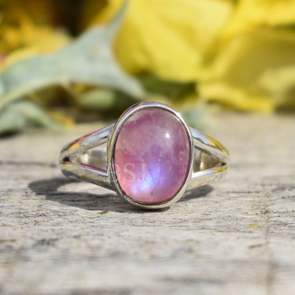 Pink Moonstone Ring, Split Band Ring, Pink Stone Ring, Oval Gemstone Jewelry, Handmade Ring, Gift For Wife, Pure Silver, Silver Ring, Gift