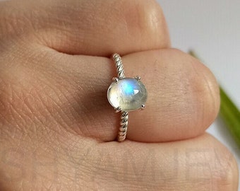 Blue Fire Moonstone Ring, 925 Sterling Silver, Dainty Ring, Engagement Ring, Twisted Band, Handmade Ring, Artisan Jewelry, For Women