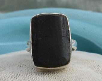 Black Tourmaline Ring, 925 Sterling Silver Ring, Raw Cushion Gemstone, Double Band Ring, Gift For Mom Sis, Black Gemstone, Sale
