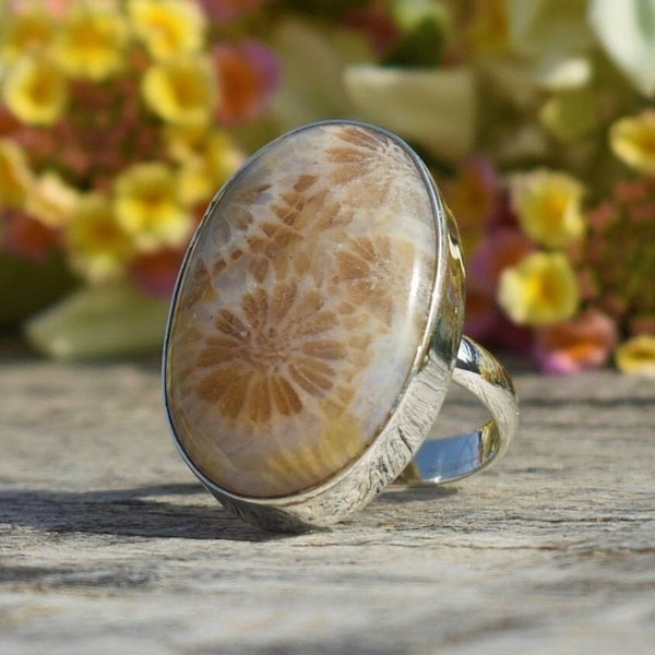 Fossil Coral Ring, 925 Sterling Silver, Oval Gemstone, Yellow Color Stone, Simple Jewelry, Gemstone Ring, Made For Her, Silver Gift Ring