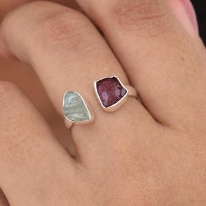 Rough Aquamarine, Garnet Ring, 925 Sterling Silver, Natural Gemstone, Adjustable Band, Silver Gemstone Jewelry, Can Be Personalized, Sale