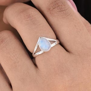 Rainbow Moonstone Ring, 925 Sterling Silver, Pear Gemstone, Split Band, Women Ring,Statement Ring, Bohemian Ring, Affordable Ring, Sale Ring