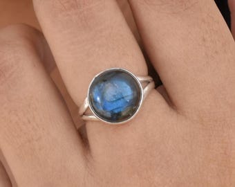 Simple Labradorite Ring, Split Band Ring, Round Gemstone Ring, Blue Gemstone Ring, Silver Ring, Handmade Ring, Christmas Sale, Gift for Her