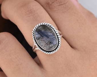 Oval Black Rutile Ring, Rutilated Quartz Ring, Tourmaline Quartz Ring, Black Quartz Ring, Black Tourmaline Quartz, Split Band Ring, Gifts
