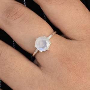 Round Moonstone Ring, Simple Band Ring, 925 Sterling Silver, Faceted Gemstone, White Color Stone, Gemstone Ring,Gift For Her, Handmade Ring