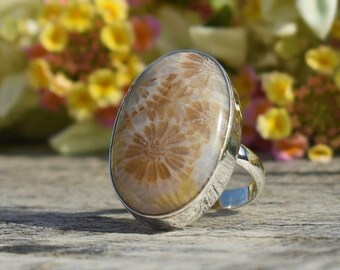 Statement Ring 925 Sterling Silver Ring Gifts for her Birthstone Jewelry Handmade Ring Boho Rings #SC12 Fossil coral gemstone ring