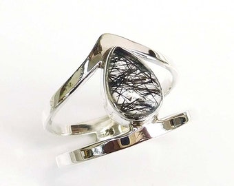 Solid Silver Ring Black Rutile Ring Mother/'s Day sale Pear drop Ring Tourmalated quartz Ring 925 Sterling Silver Ring Silver Ring