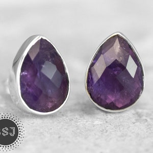 Purple Amethyst Stud Earrings, Marquise Studs, Faceted Gemstone, 925 Sterling Silver, Wedding Jewelry, Bridesmaid Studs, Handmade Studs