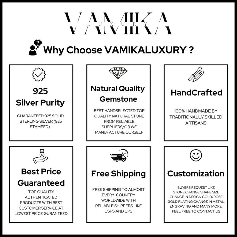 以下が含まれることがあります： 「なぜVAMIKALUXURYを選ぶのか？」というテキストと、ブランドを選ぶ6つの理由が書かれたグラフィック。925シルバーの純度、天然品質の宝石、手作りの、最安値保証、送料無料、カスタマイズ。