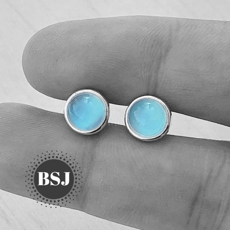 Aqua Chalcedony Stud Earrings Round Studs Cobochon Gemstone Etsy