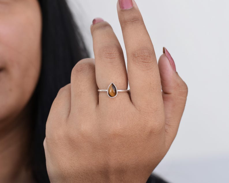Pear Tigers Eye Ring, Sterling Silver Ring, Handmade Silver Ring, Cats Eye Ring, Stock Clearance Sale, Christmas Ring, Mom Gift, Bezel Set image 6