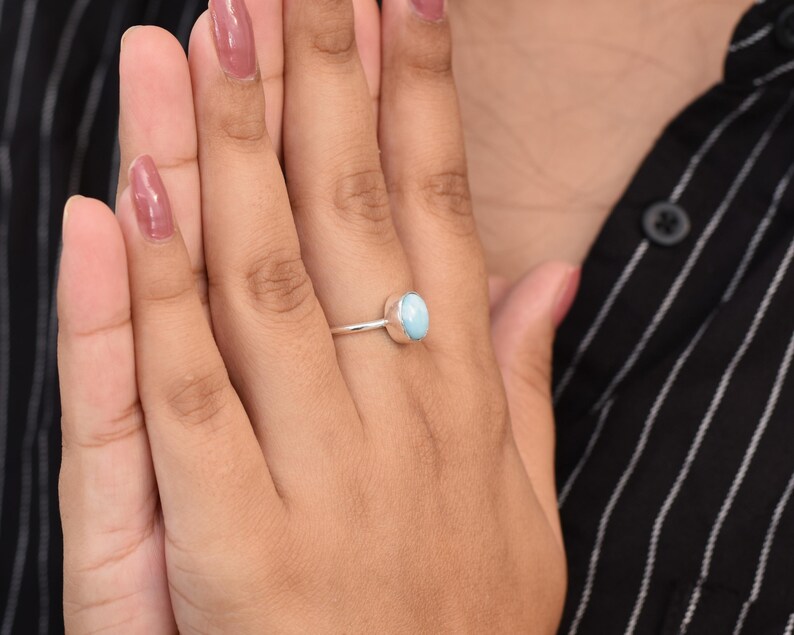 Oval Larimar Ring, Larimar Silver Ring, Larimar Jewelry, Natural Larimar, Handmade Ring, Dainty Ring, Oval Stone, Tiny, Silver Gift Ring image 4
