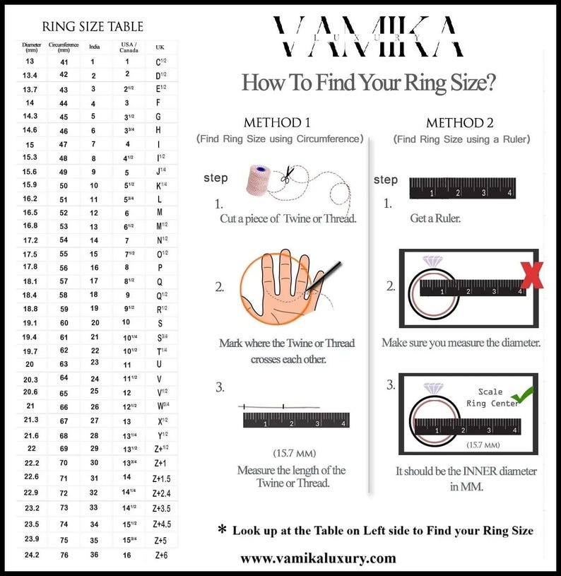 May include: A ring size chart with instructions on how to measure your ring size using twine or a ruler. The chart shows the corresponding ring size for different diameter and circumference measurements in inches and millimeters.