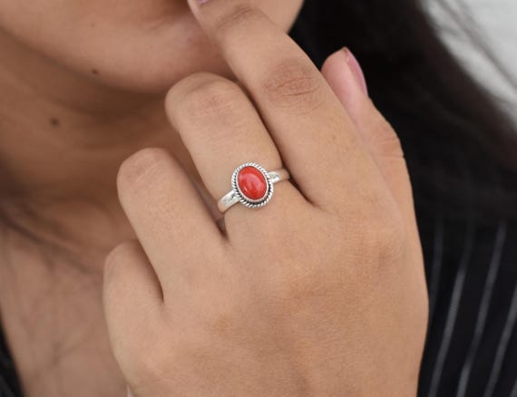 Red Coral Ring, Coral Stone Ring, 925 Sterling Silver Ring, Coral