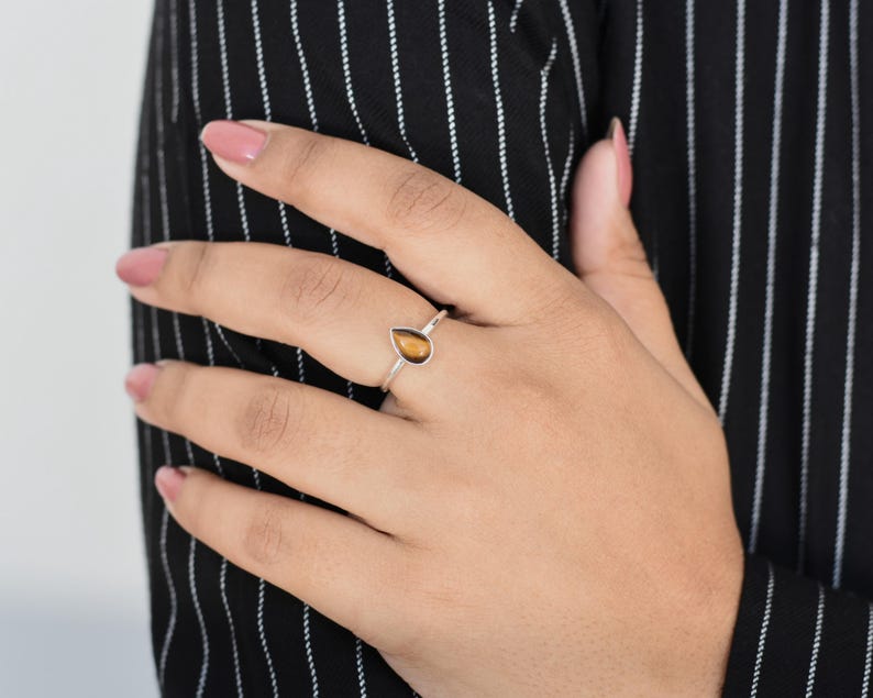 Pear Tigers Eye Ring, Sterling Silver Ring, Handmade Silver Ring, Cats Eye Ring, Stock Clearance Sale, Christmas Ring, Mom Gift, Bezel Set image 2