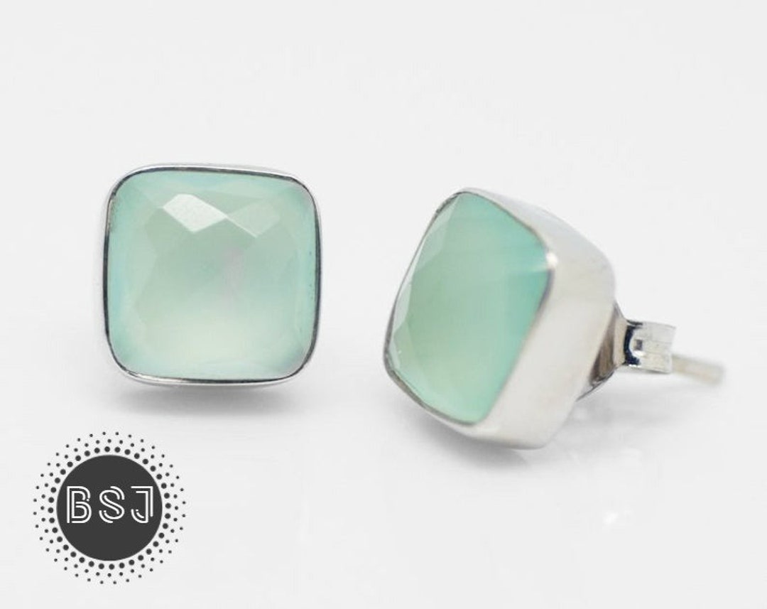 Aqua Chalcedony Stud Earrings, Cushion Studs, Faceted Gemstone, 925 Sterling Silver, Natural