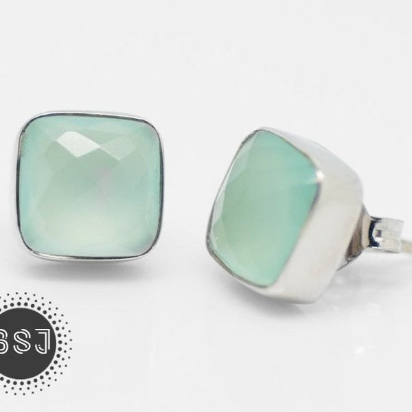 Aqua Chalcedony Stud Earrings, Cushion Studs, Faceted Gemstone, 925 Sterling Silver, Natural Gemstone, Handmade Gemstone Stud, Pure Silver