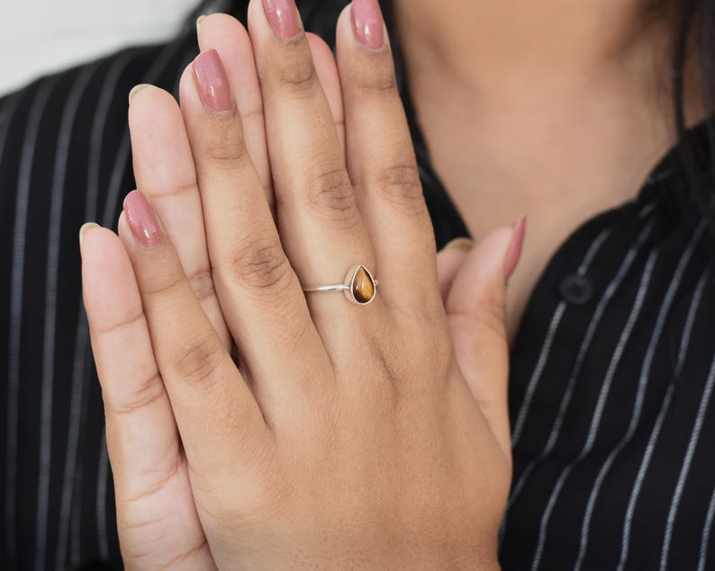 Pear Tigers Eye Ring, Sterling Silver Ring, Handmade Silver Ring, Cats Eye Ring, Stock Clearance Sale, Christmas Ring, Mom Gift, Bezel Set image 4