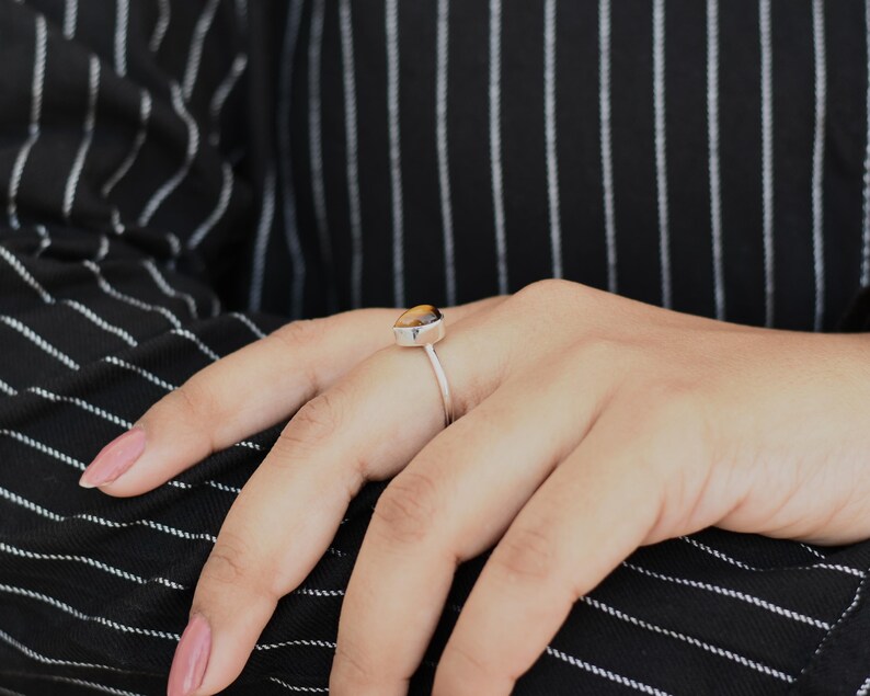 Pear Tigers Eye Ring, Sterling Silver Ring, Handmade Silver Ring, Cats Eye Ring, Stock Clearance Sale, Christmas Ring, Mom Gift, Bezel Set image 5