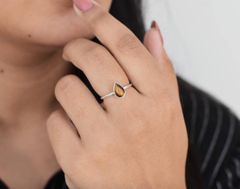 Pear Tigers Eye Ring, Sterling Silver Ring, Handmade Silver Ring, Cats Eye Ring, Stock Clearance Sale, Christmas Ring, Mom Gift, Bezel Set image 1