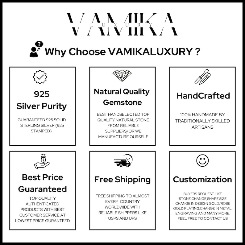 May include: A graphic with the text "Why Choose VAMIKALUXURY?" and six icons representing the benefits of buying from this company. The icons are: 925 Silver Purity, Natural Quality Gemstone, HandCrafted, Best Price Guaranteed, Free Shipping, and Customization.