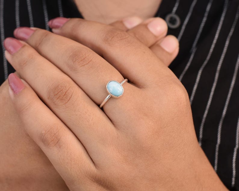 Oval Larimar Ring, Larimar Silver Ring, Larimar Jewelry, Natural Larimar, Handmade Ring, Dainty Ring, Oval Stone, Tiny, Silver Gift Ring image 3