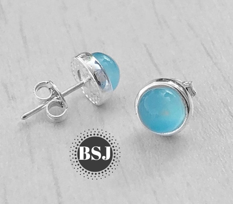 Aqua Chalcedony Stud Earrings Round Studs Cobochon Gemstone Etsy