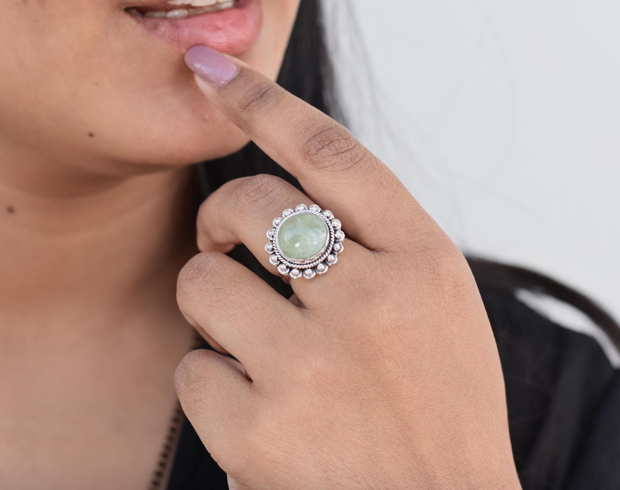 Bague Cocktail Prehnit Perfection, Argent 925, Pierre Naturelle Verte Coussin, Inde