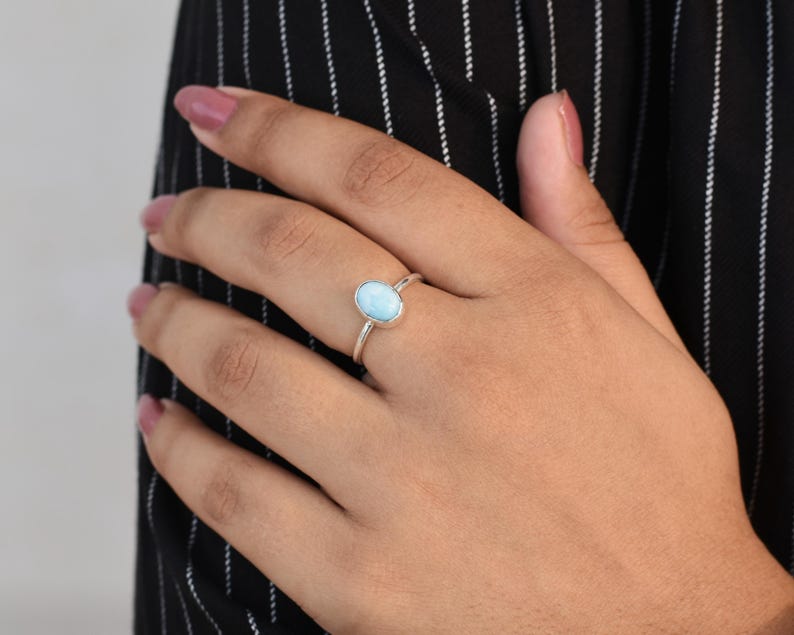 Oval Larimar Ring, Larimar Silver Ring, Larimar Jewelry, Natural Larimar, Handmade Ring, Dainty Ring, Oval Stone, Tiny, Silver Gift Ring image 2
